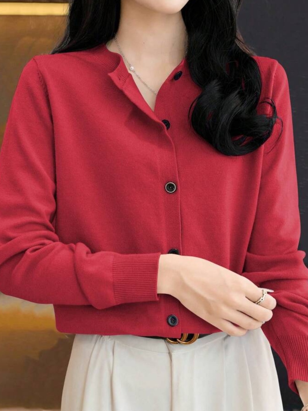 Red Button-Front Cardigan - Picture 5 of 6